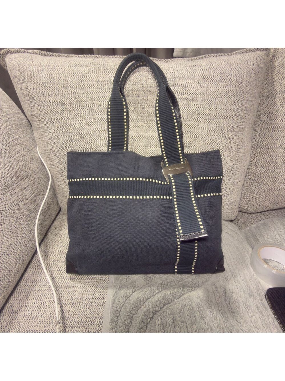 Salvatore Ferragamo Canvas Dark Blue Tote with White Accents